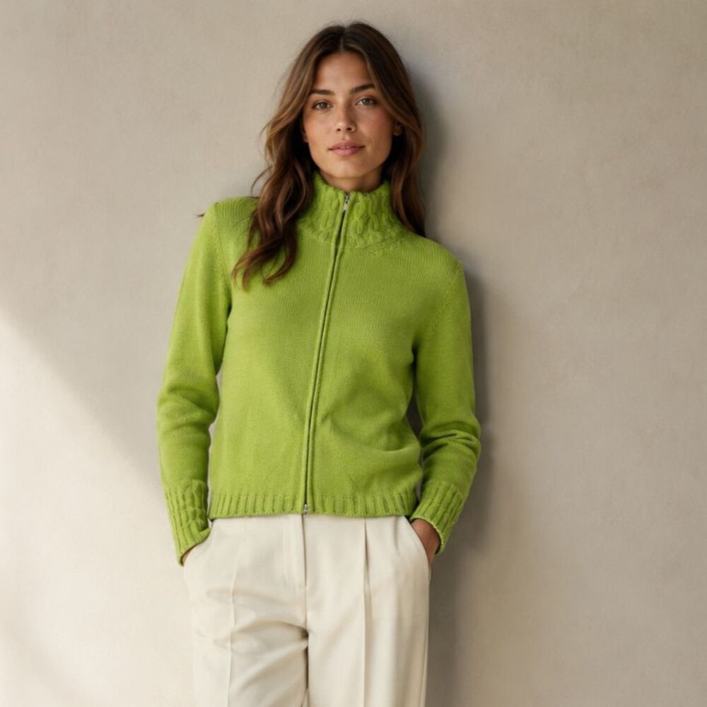 Gran Sasso 100% Pure Cashmere Women’s Size M Green Cable Knit Zip Cardigan Italy